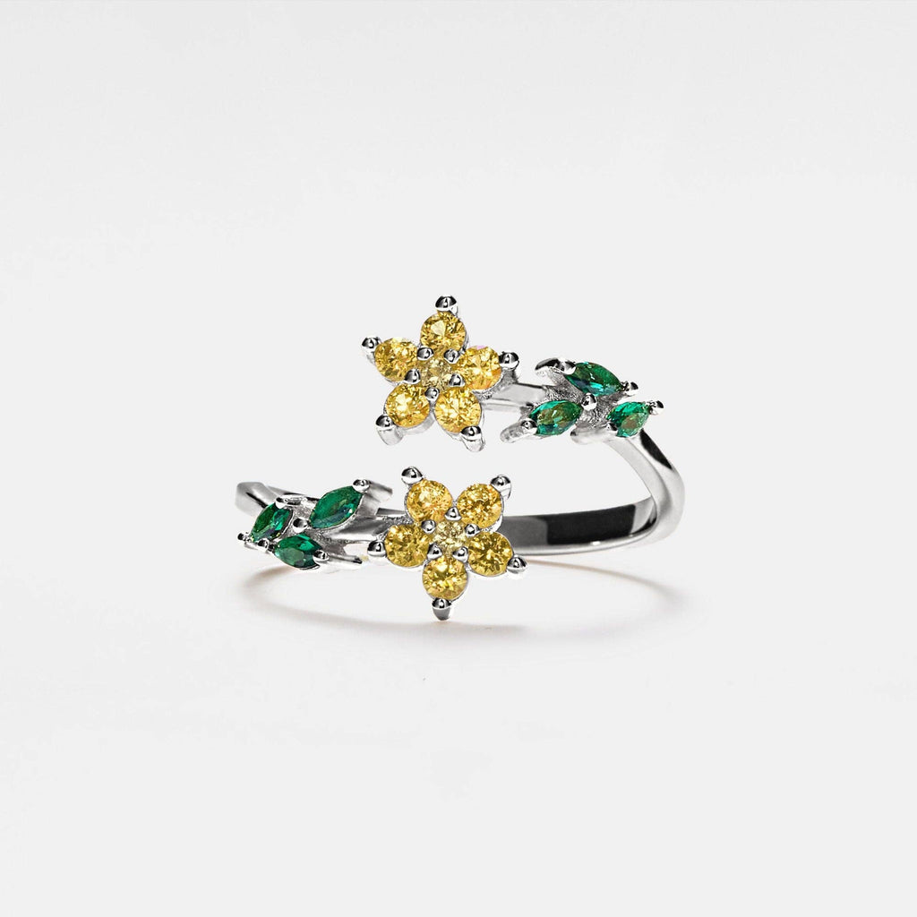 Bague de cocktail en forme de fleur à pierres précieuses colorées en argent sterling 925