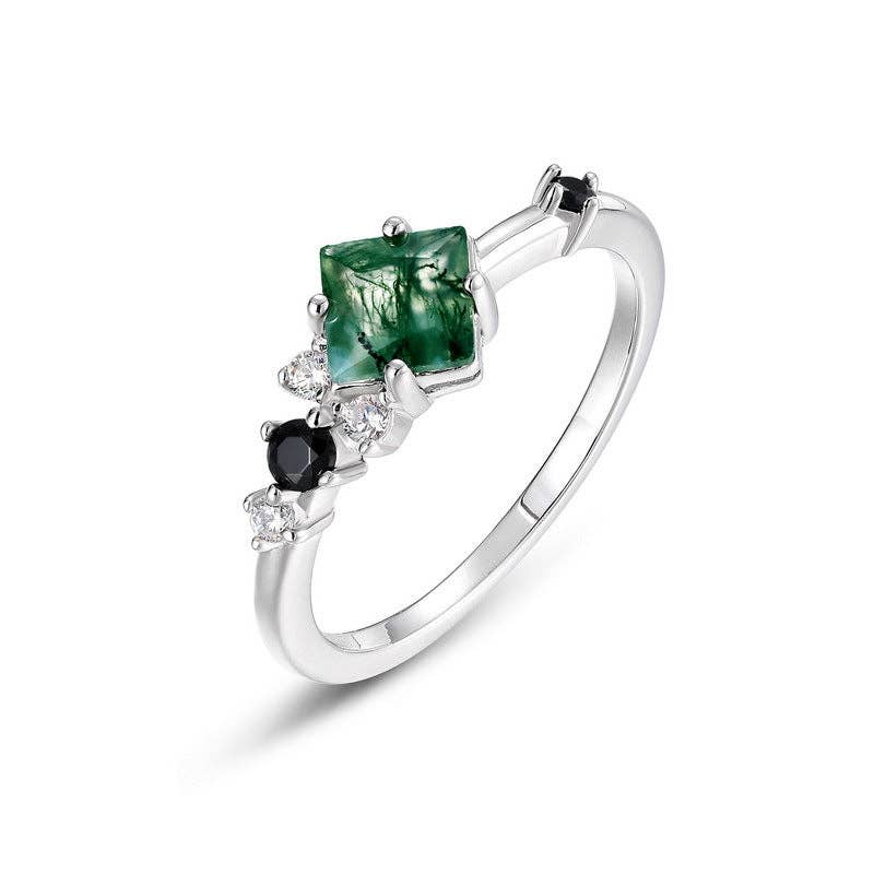 Bague empilable carrée en agate mousse en argent sterling 925