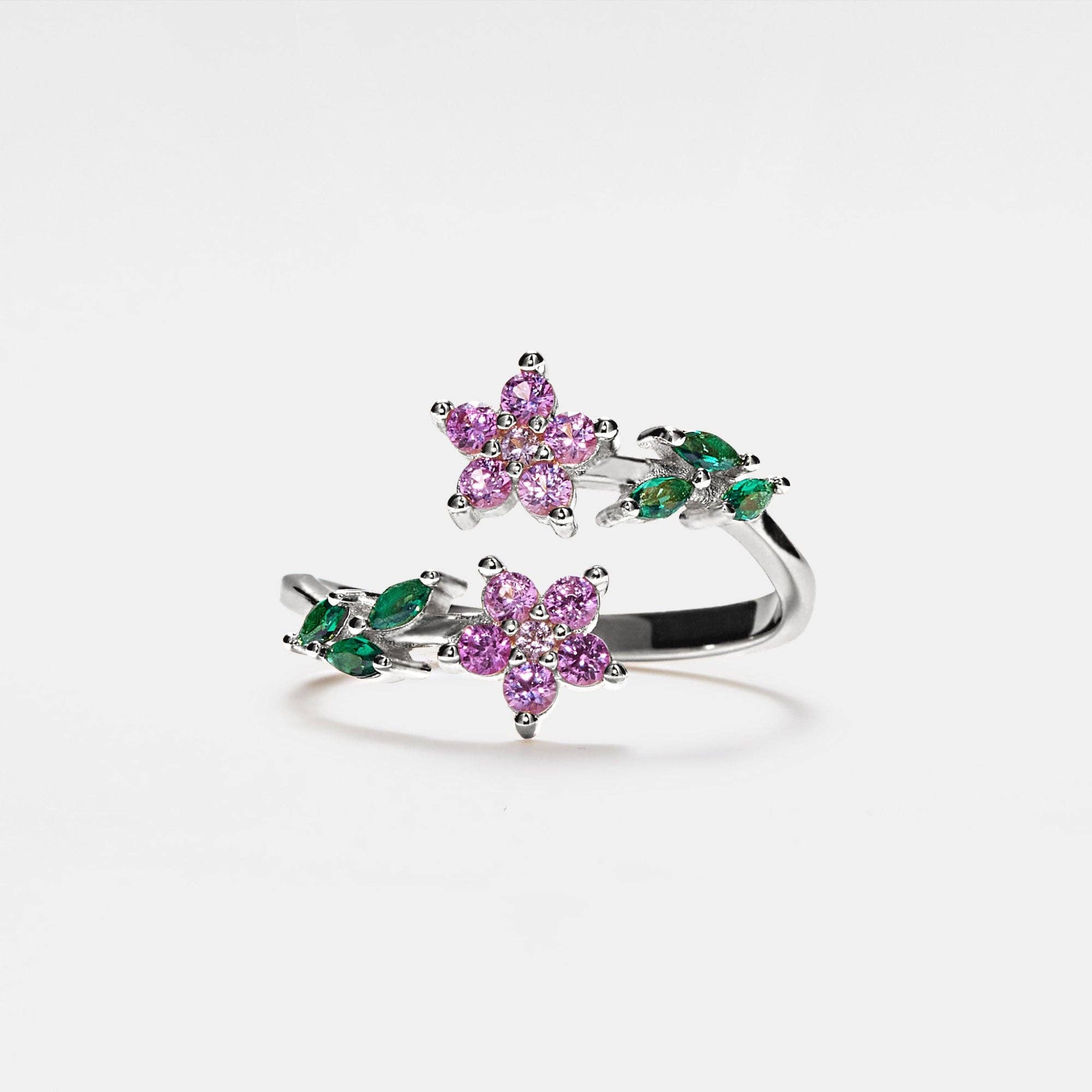 Bague de cocktail en forme de fleur à pierres précieuses colorées en argent sterling 925