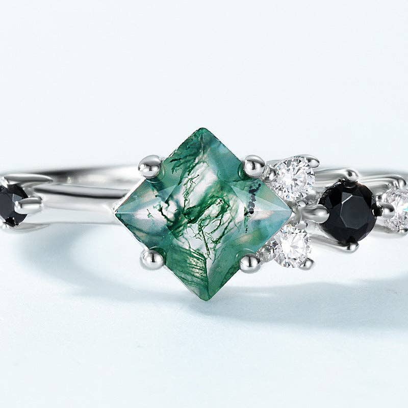 Bague empilable carrée en agate mousse en argent sterling 925