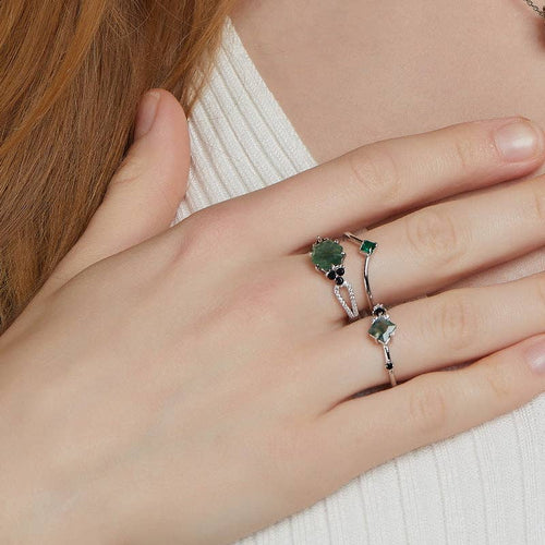 Bague empilable carrée en agate mousse en argent sterling 925